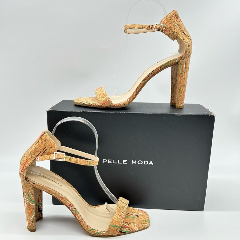 Pelle Moda Lucille Tan Cork-/Multi-Color Accent Block Heel Sandals w/Ankle Strap